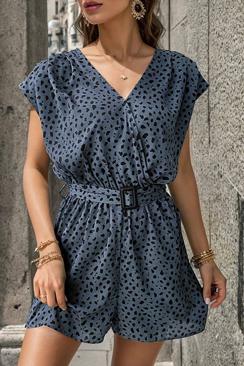 STYLISH BELT PRINT V-NECK JUMPSUIT