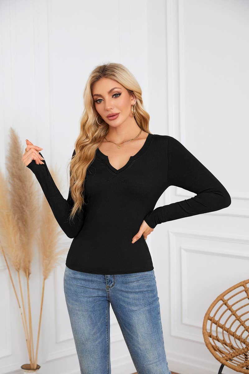 Long sleeve jumper with deep U neck and cross neckline
