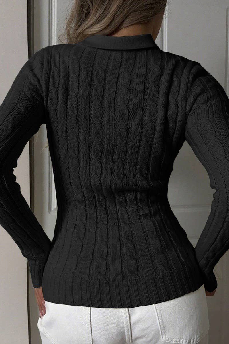 CWOSWL07496_SOLID EMBROIDERED LONG SLEEVE COLLARED KNIT TOP