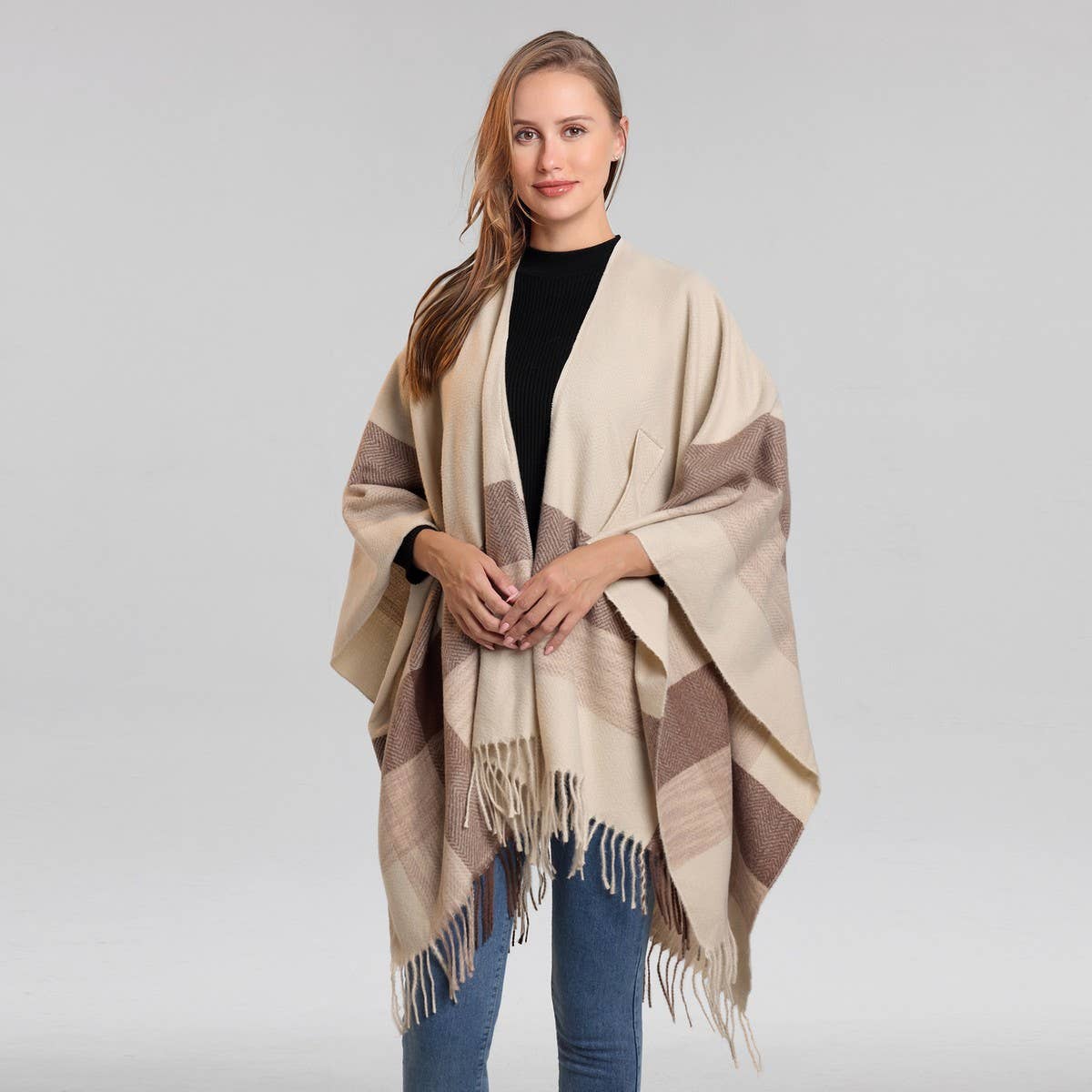 FRINGED CAPE FIXED TIE SHAWL FAUX CASHMERE SCARF