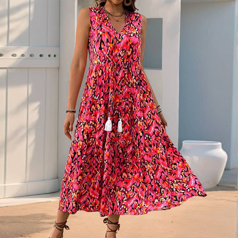 Ethnic print sleeveless V-neck long loose dress