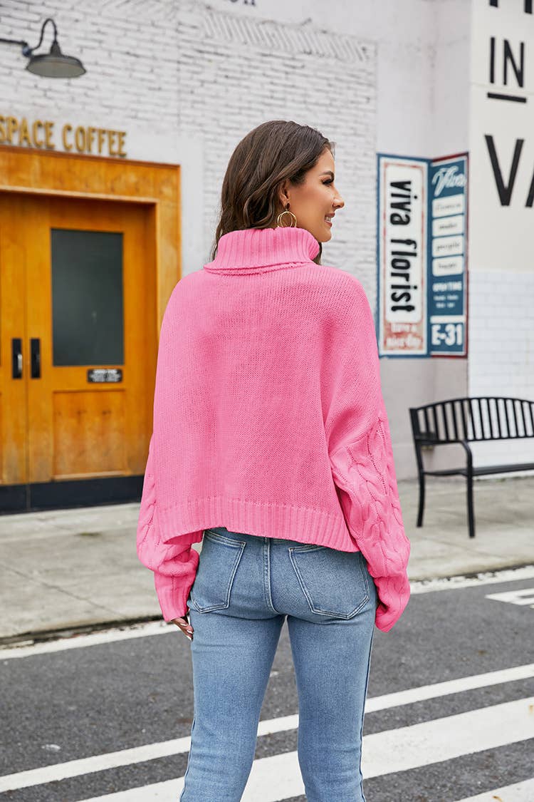 TURTLENECK FLORAL PULLOVER SOLID COLOR SWEATER