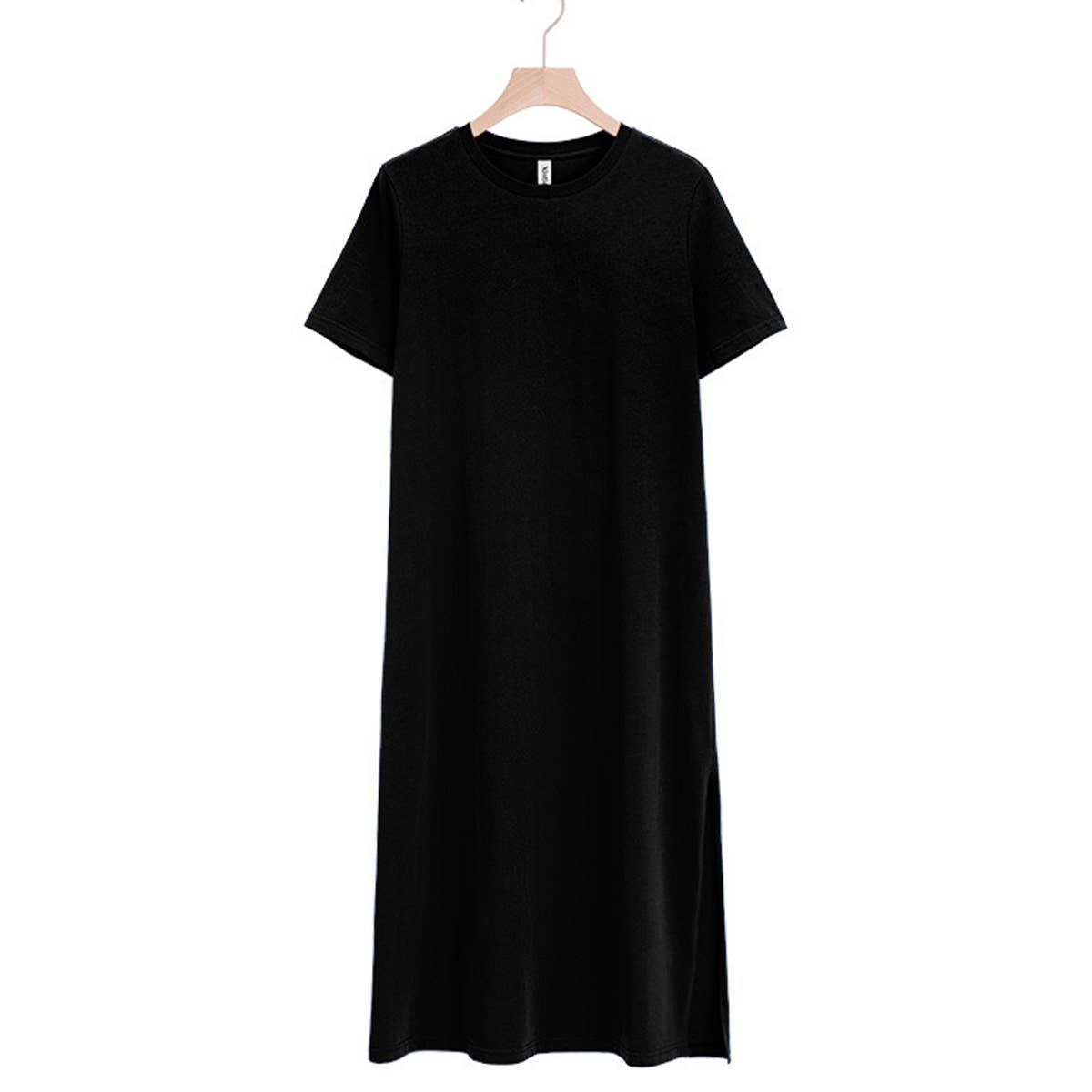 Solid color short-sleeved long cotton split dress