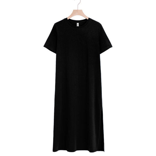 Solid color short-sleeved long cotton split dress