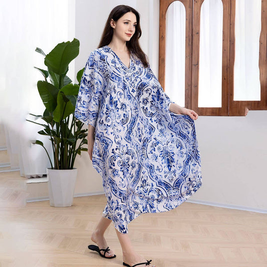 Blue Porcelain Print Beach Cover-Up Dress_CWMM6203