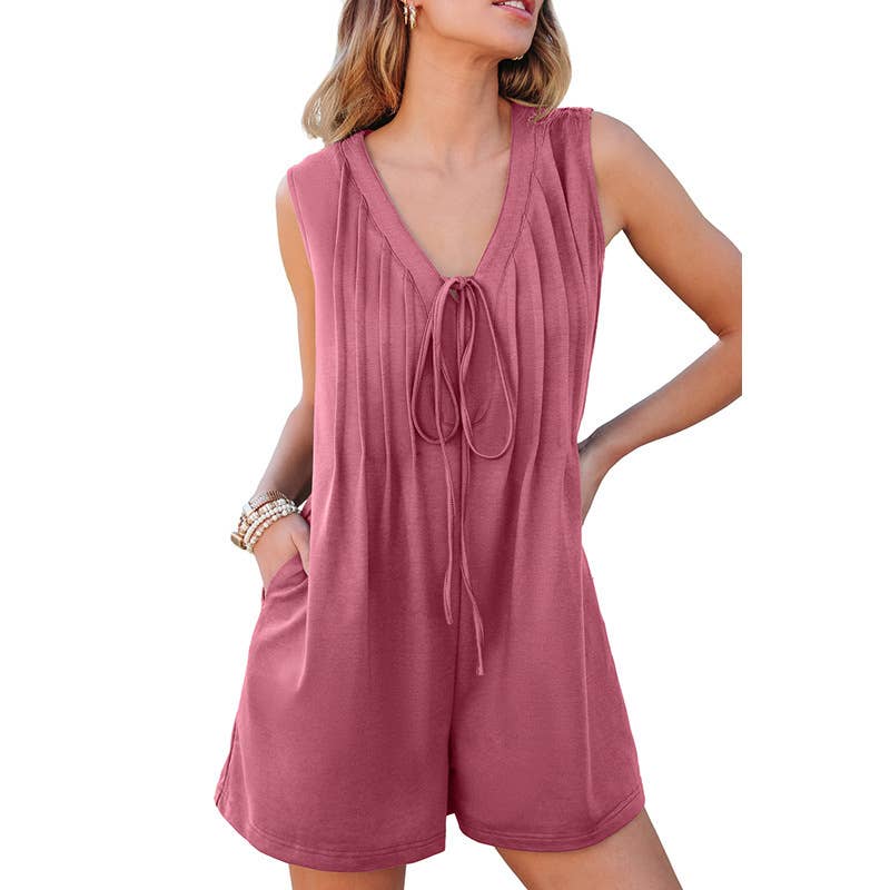Sleeveless shorts, V-neck pleated jumpsuit