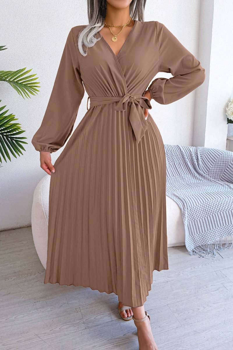 CWDMD3947_CROSS LACE-UP LONG-SLEEVED PLEATED SWING DRESS