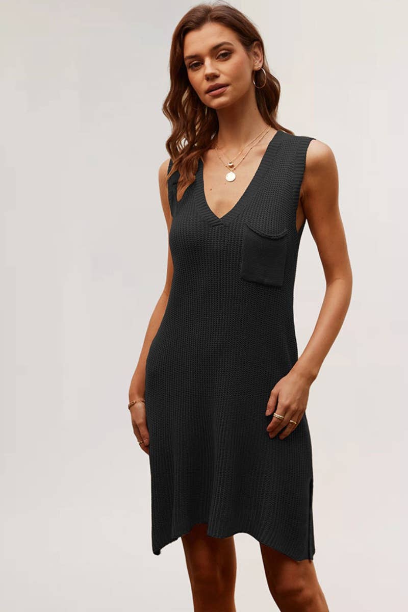 CWDSD3917_KNIT V-NECK SLEEVELESS SHORTS DRESS