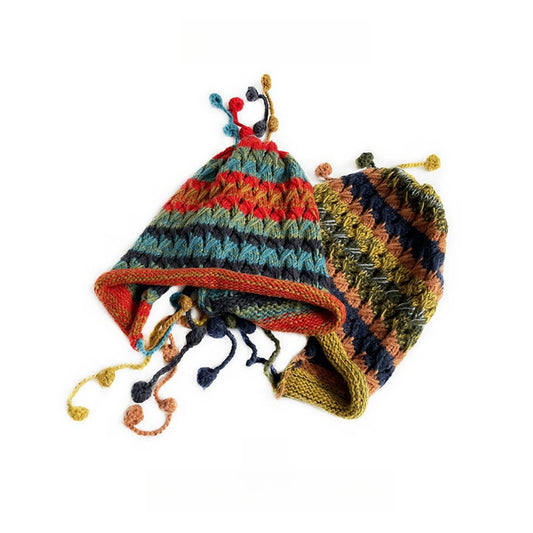 COLORFUL BALL EARFLAP LACE-UP TASSEL KNITTED HAT_CWAH2061