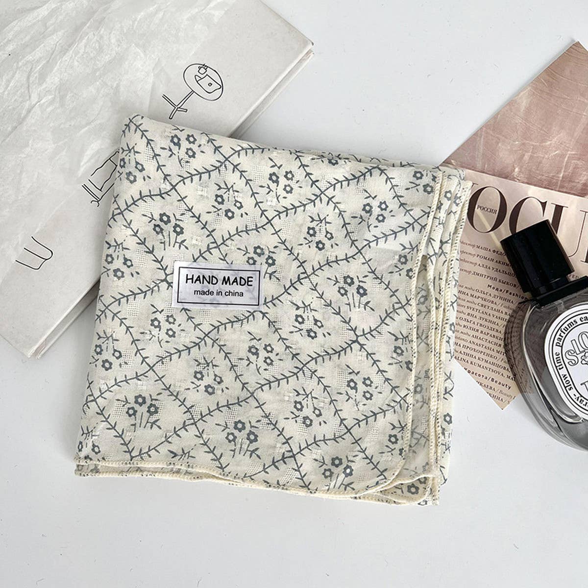 Floral Cotton Linen Square Scarf for Women