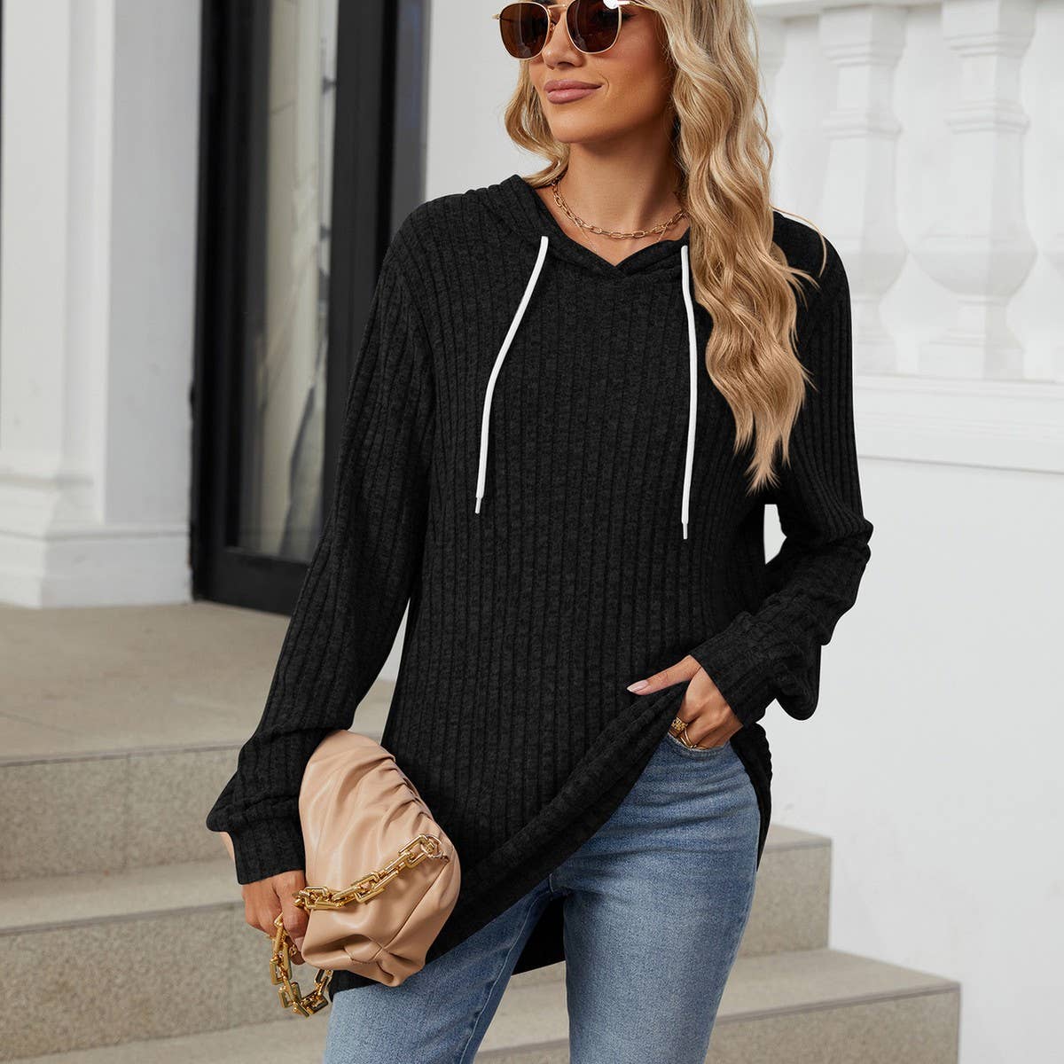 Hooded drawstring casual long-sleeved hoodie