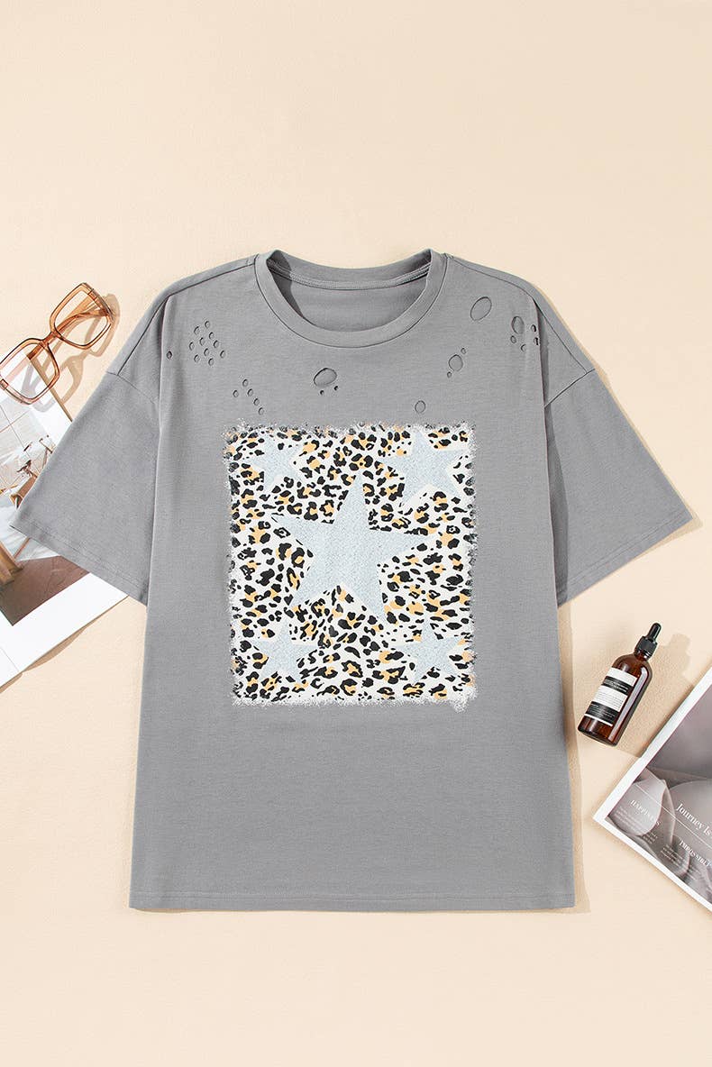 Trend-torn leopard print short-sleeved T-shirt