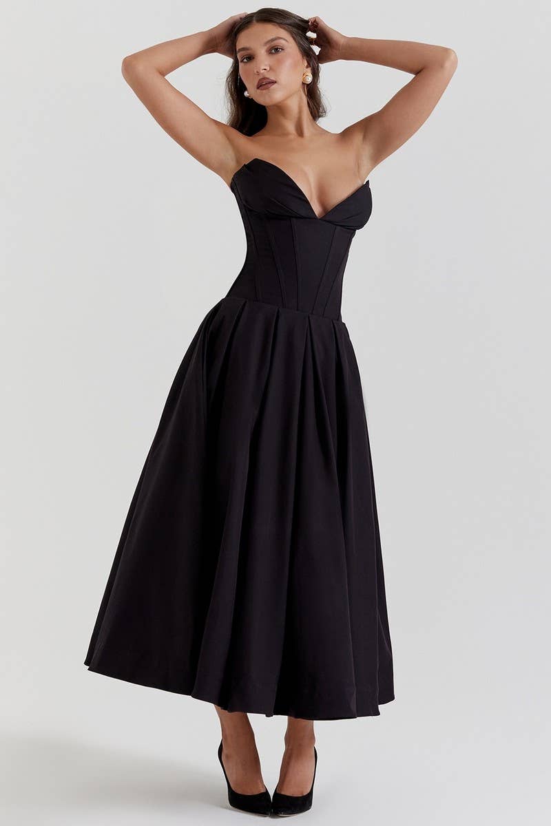 CWDTD0466_SLEEVELESS SOLID COLOR STRAPLESS MIDI DRESS