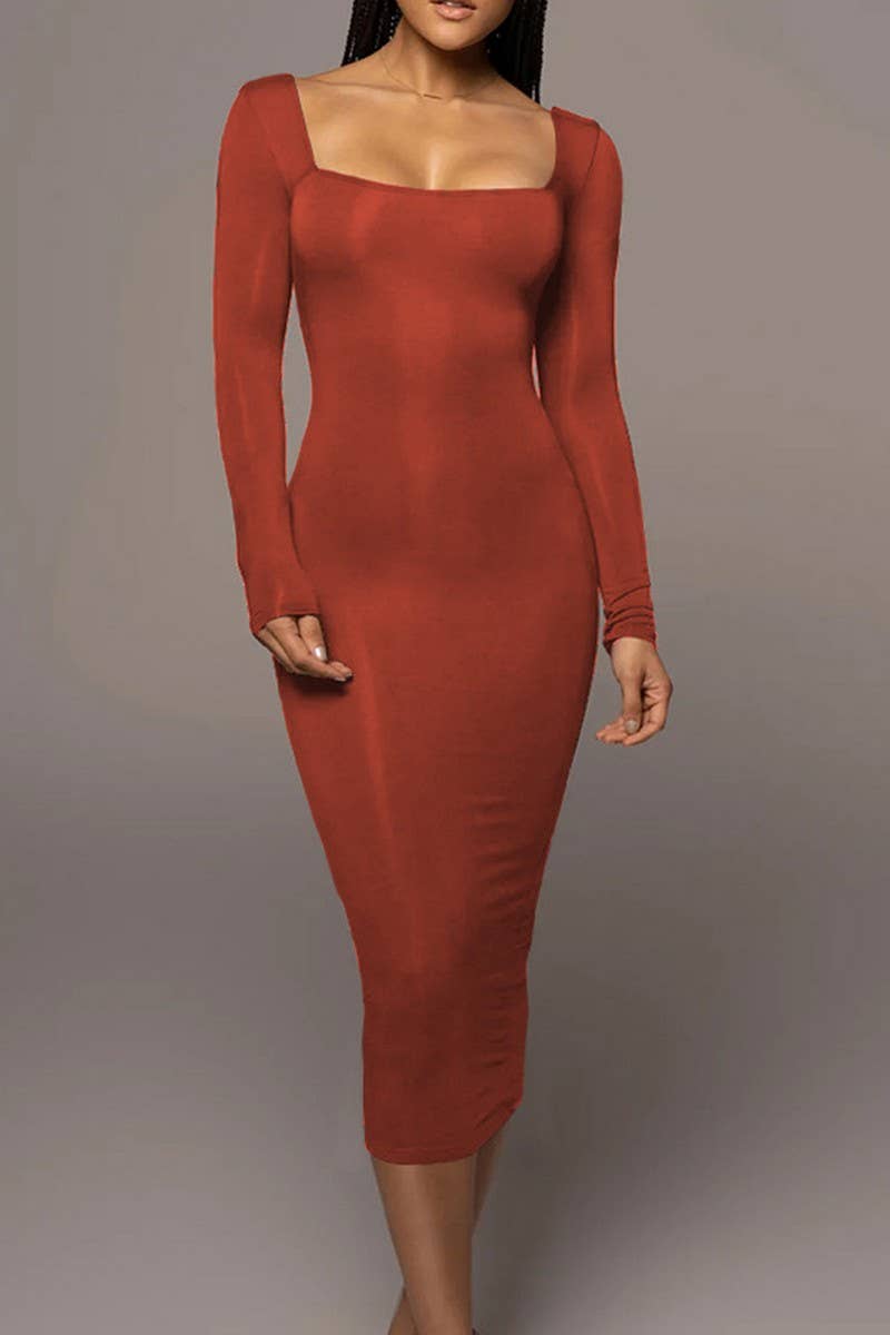 CWDMD4902_SOLID COLOR SLIM SQUARE NECK LONG SLEEVE DRESS