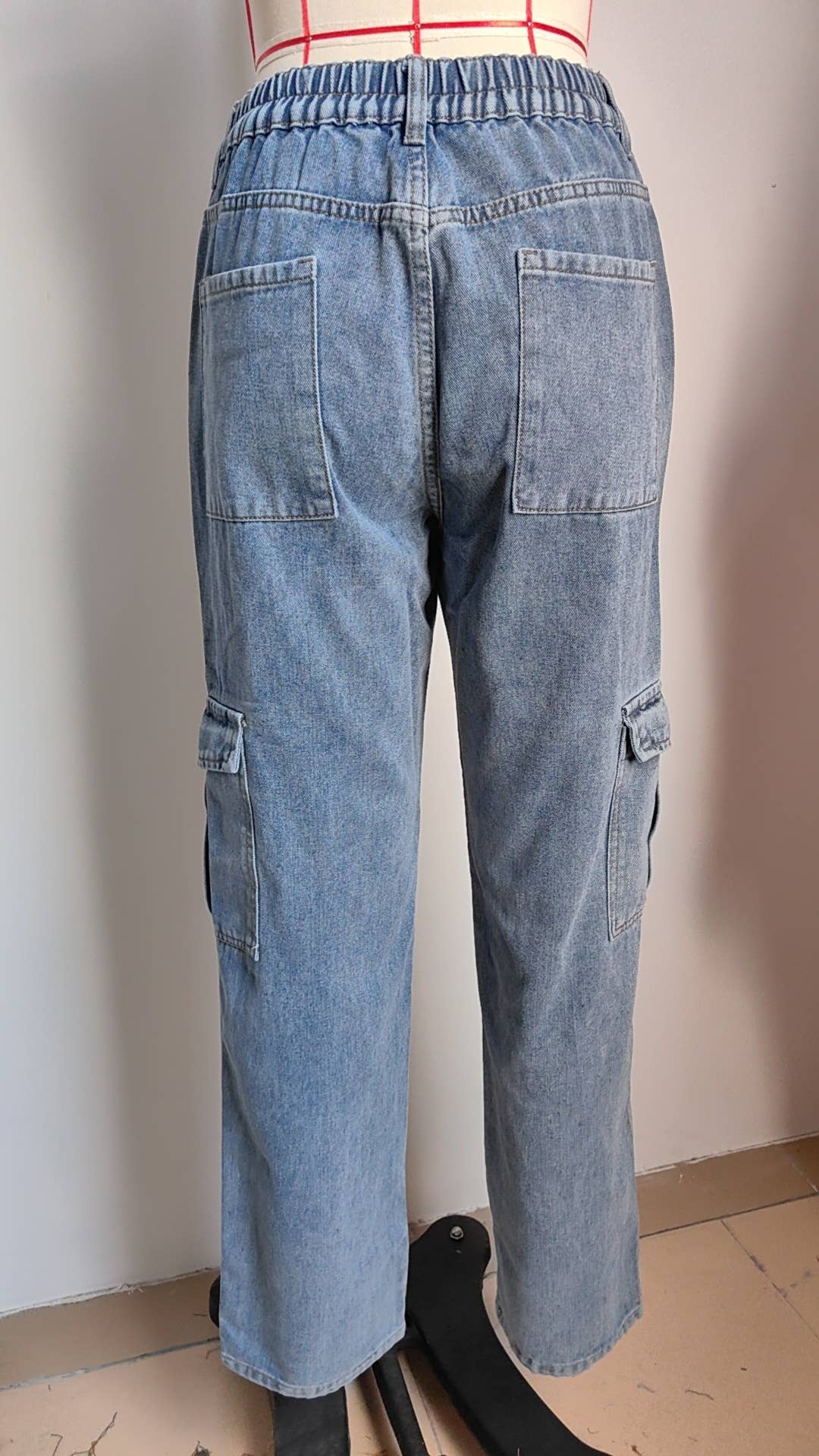 Washed semi-elastic waist denim workwear trousers