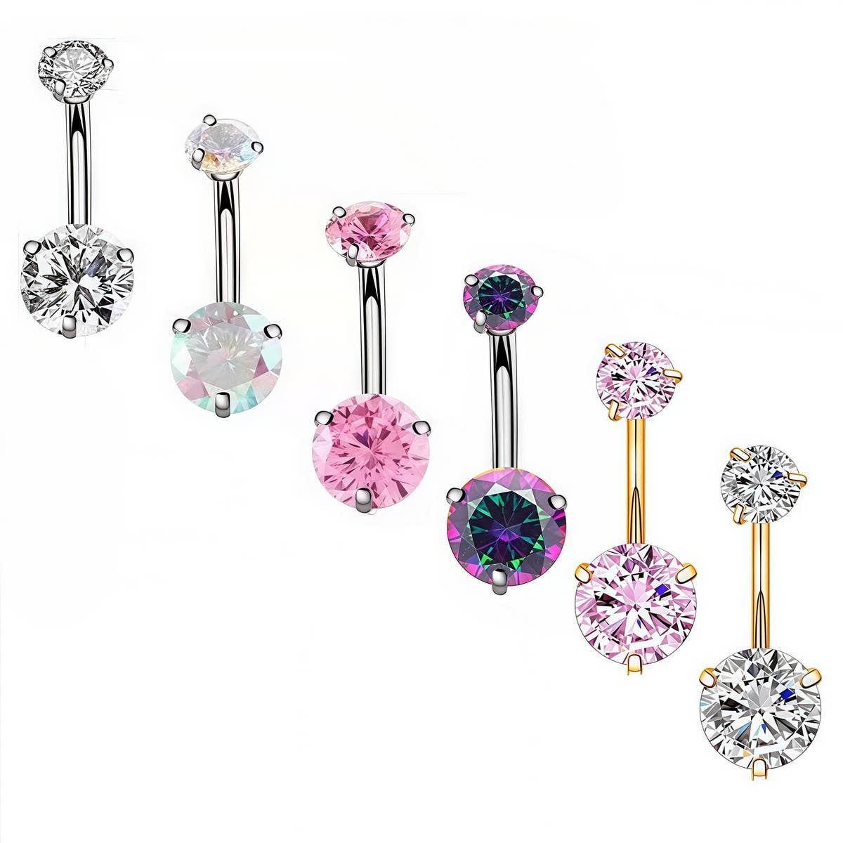 Round CZ 3-Prong Stainless Steel Navel Ring