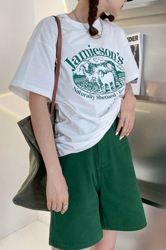 Cwtts1003_Lamb Print Round Neck Short Sleeved T Shirt