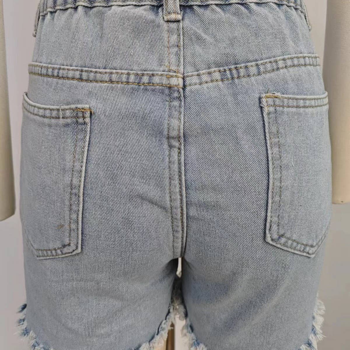 WASHED DIAMOND BEADED DENIM SHORTS FRINGE HOT PANTS