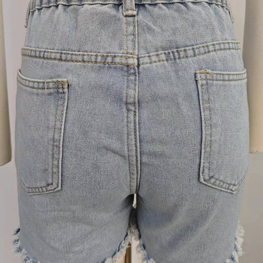 WASHED DIAMOND BEADED DENIM SHORTS FRINGE HOT PANTS