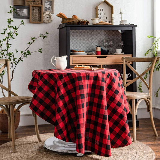 ROUND COTTON AND LINEN PLAID TABLECLOTH