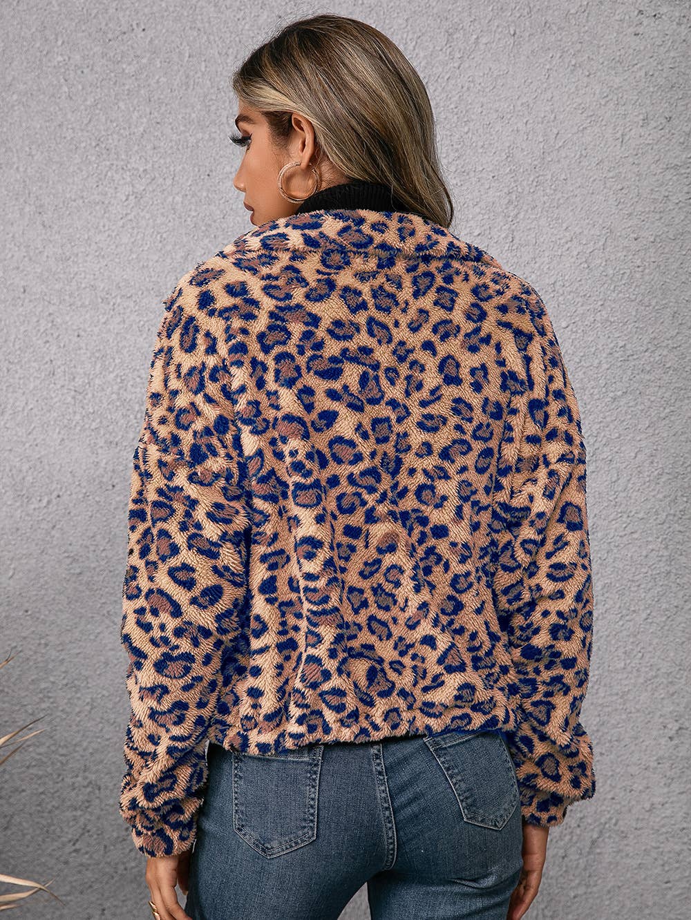 LEOPARD PRINT LAPEL LONG-SLEEVED PLUSH HOODIE