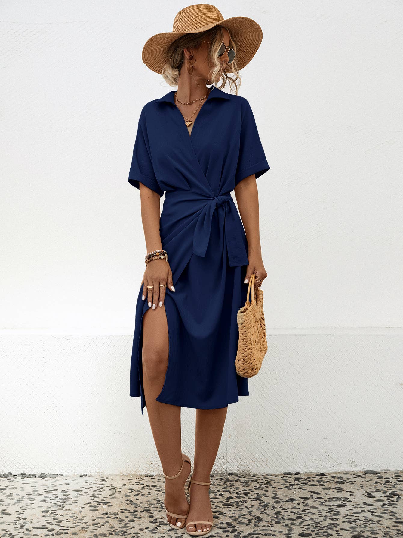 LAPEL WRAP SHORT SLEEVE LONG DRESS