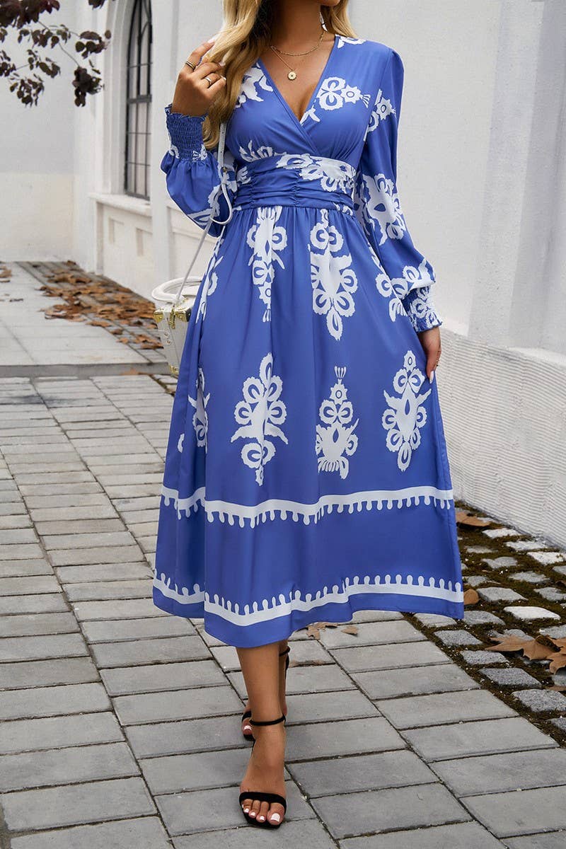 CWDMD4866_V-NECK ELEGANT CONTRAST COLOR LONG SLEEVE DRESS