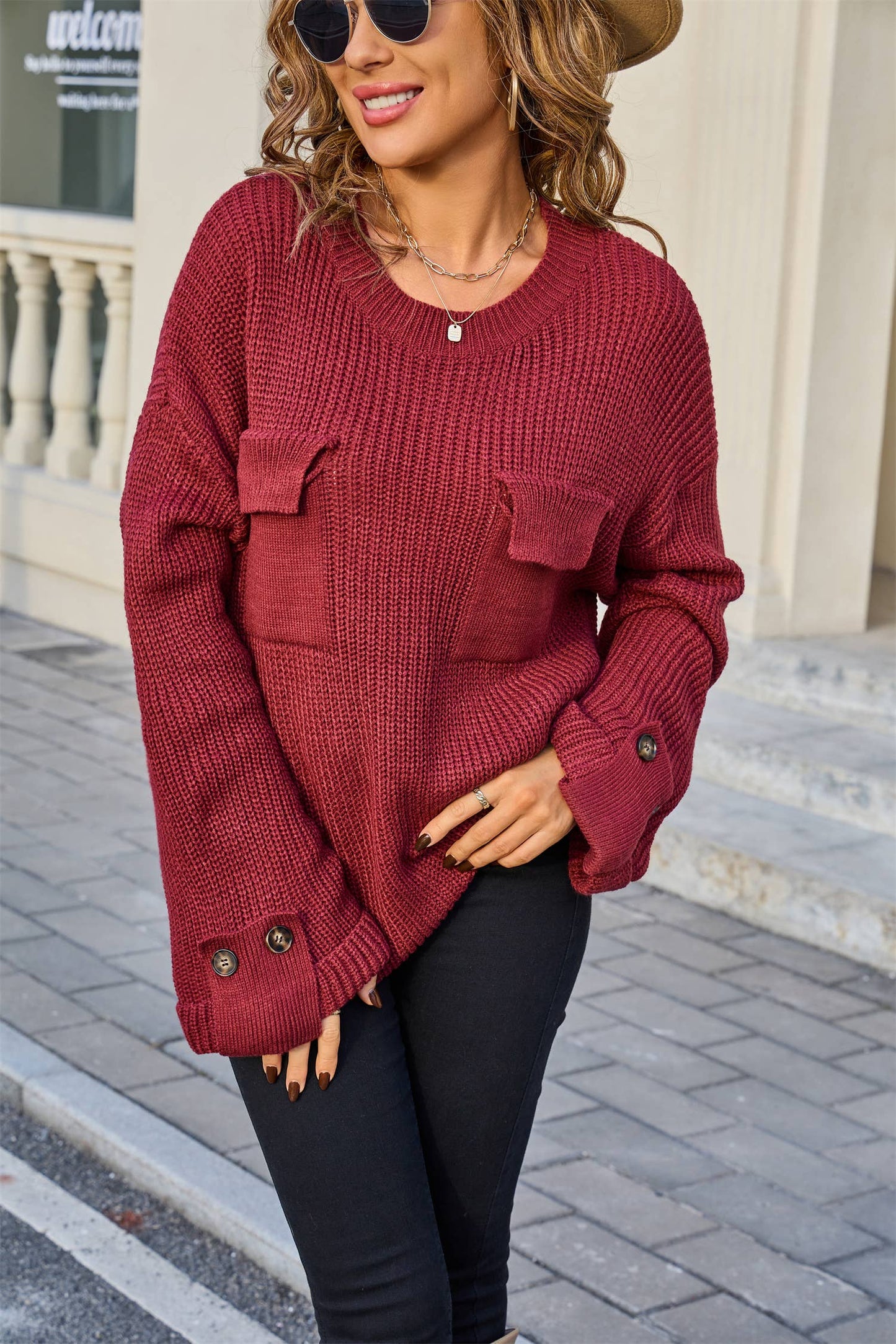 Slouchy breeze long sleeve pocket knit sweater