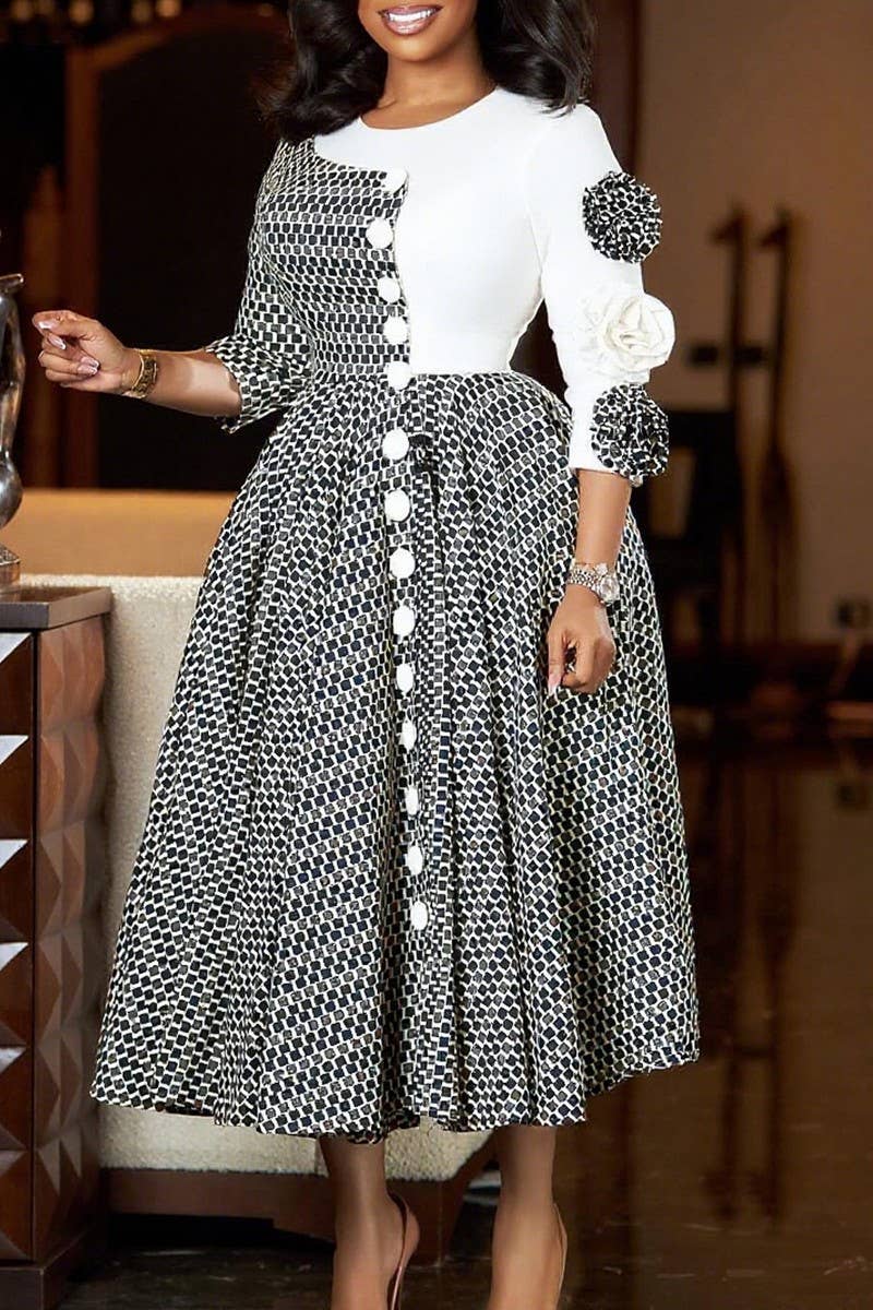 CWDMD01250_2025 WOMEN FLORAL PRINT ROUND NECK MIDI DRESS