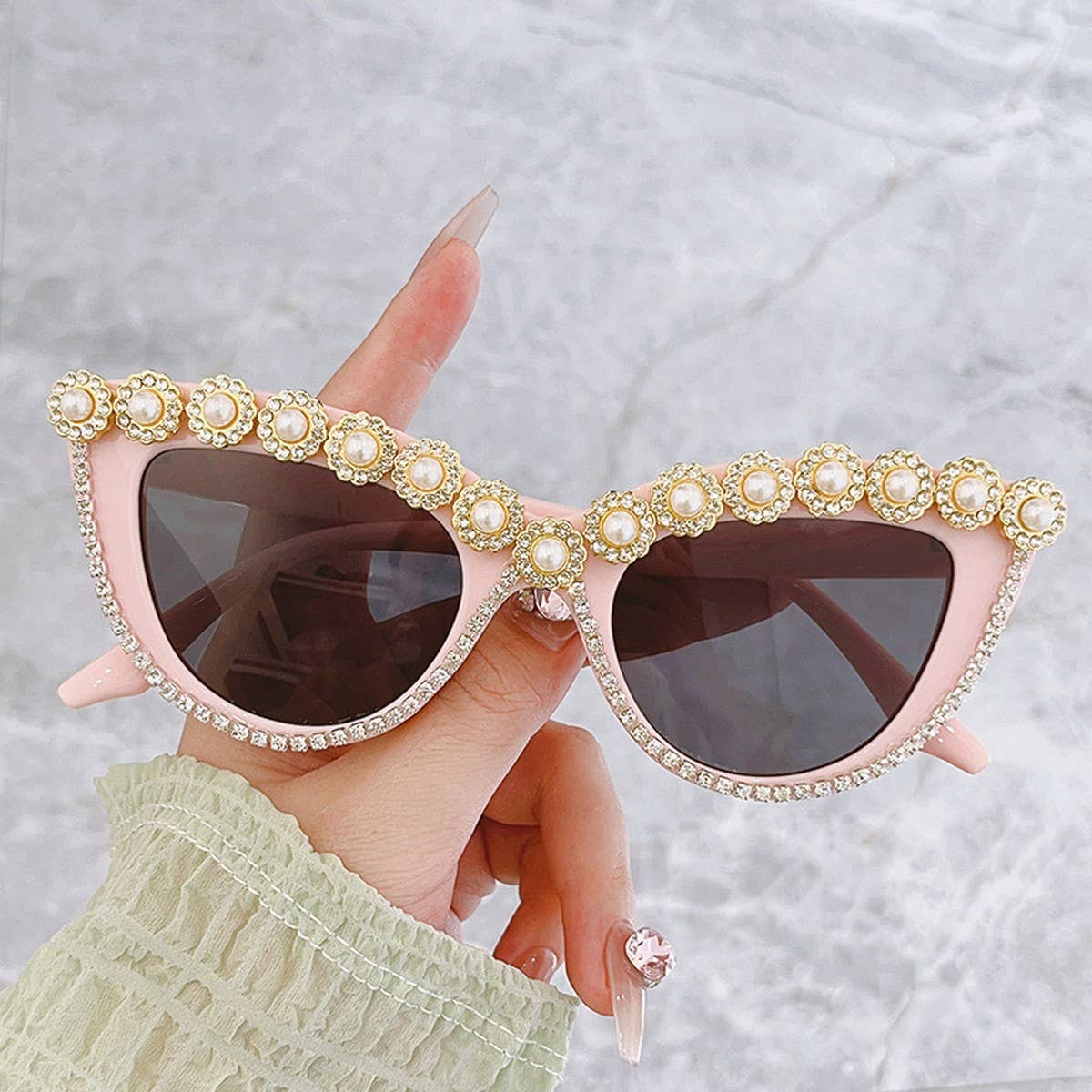 HANDMADE RHINESTONE PEARL RETRO CAT-EYE SUNGLASSES