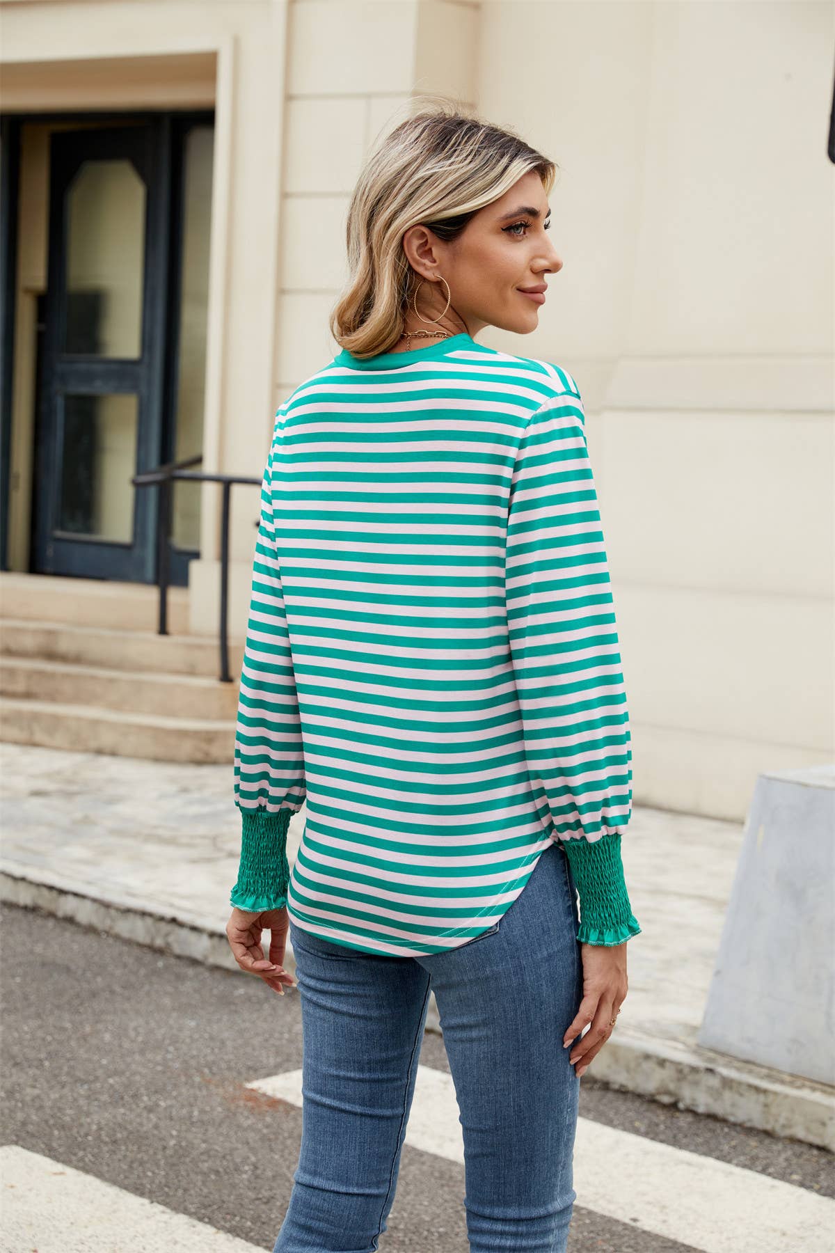 V-neck long-sleeved striped color-blocked top
