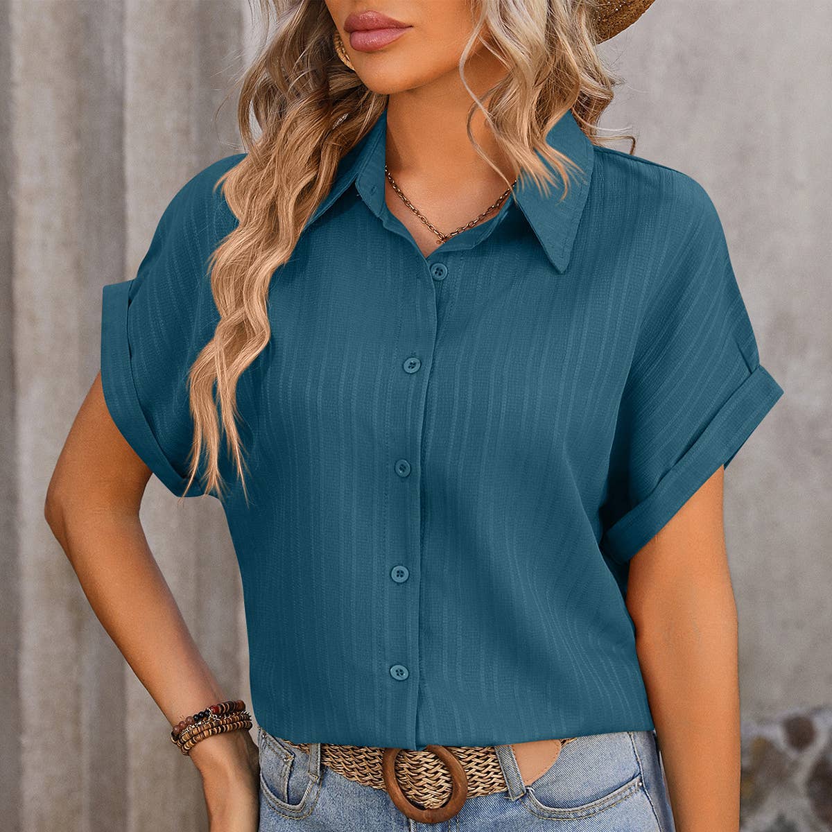 WOMEN'S CASUAL LOOSE BUTTON SHORT SLEEVED SHIRT_CWTBLS0455