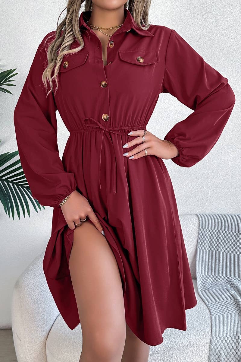 CWDSD5772_LONG-SLEEVED BUTTON-UP DRESS WITH WAIST TUCKED