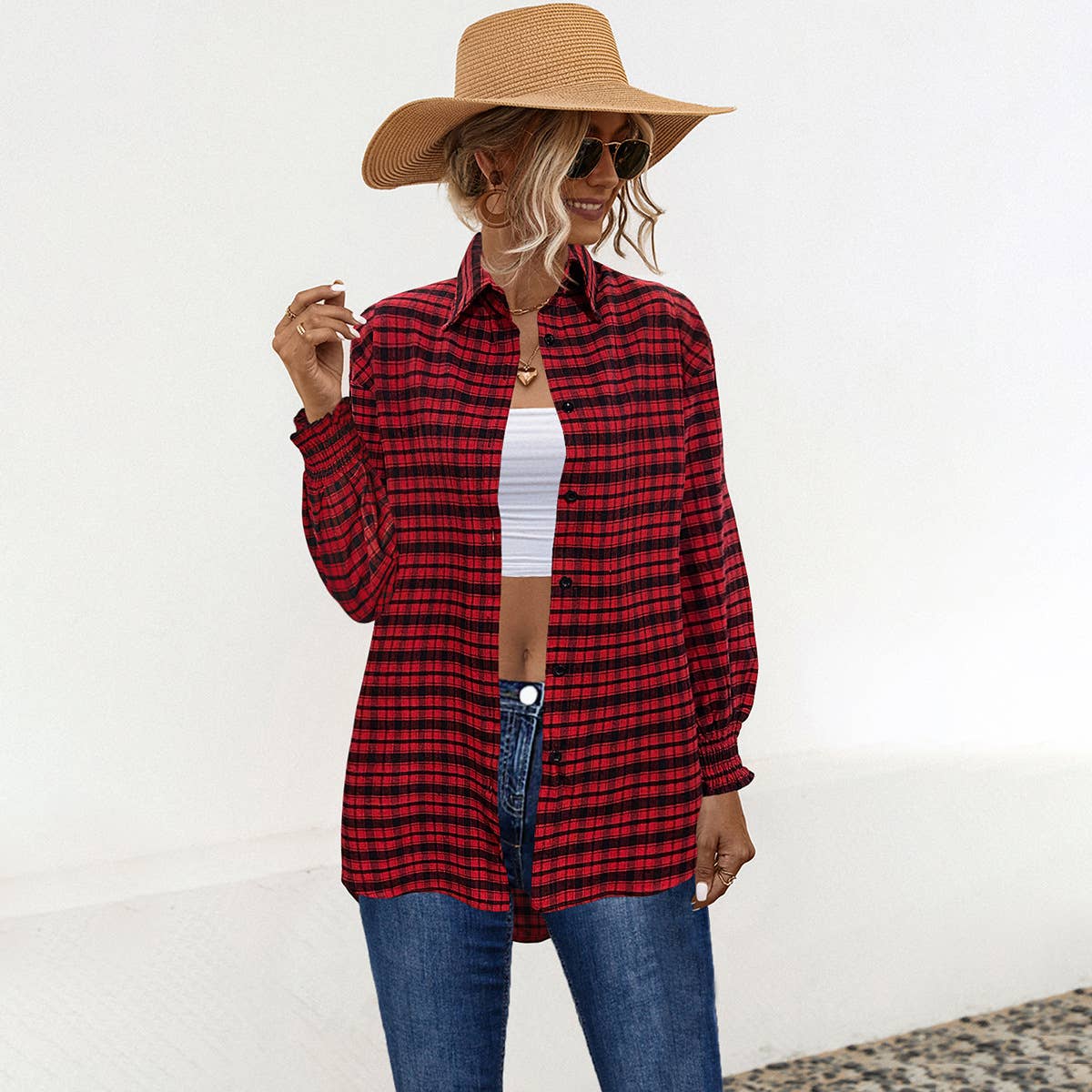 Temperament loose puffed sleeve plaid shirt