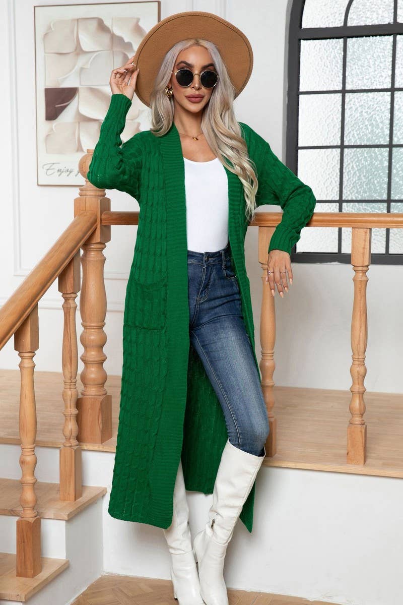 CWOCAL1167_KNITTED TWIST POCKET LONG CARDIGAN SWEATER