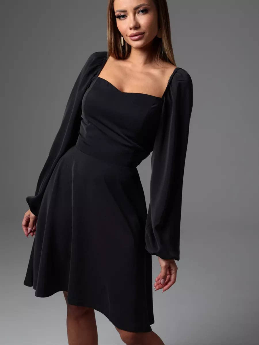 Puffed sleeve floral print lace-up dress