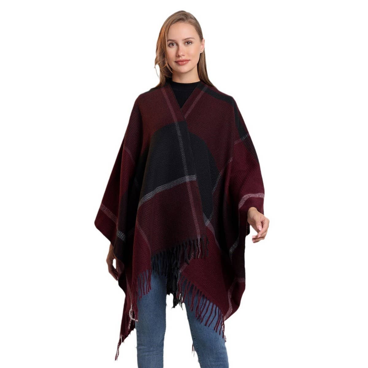 FRINGED SHAWL PLAID SCARF FAUX CASHMERE SLIT CAPE