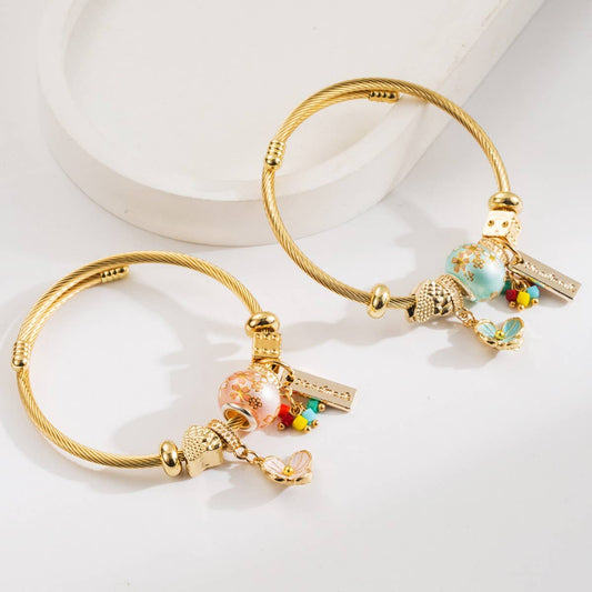 Trendy Beaded Steel Bracelet with Flower Charm