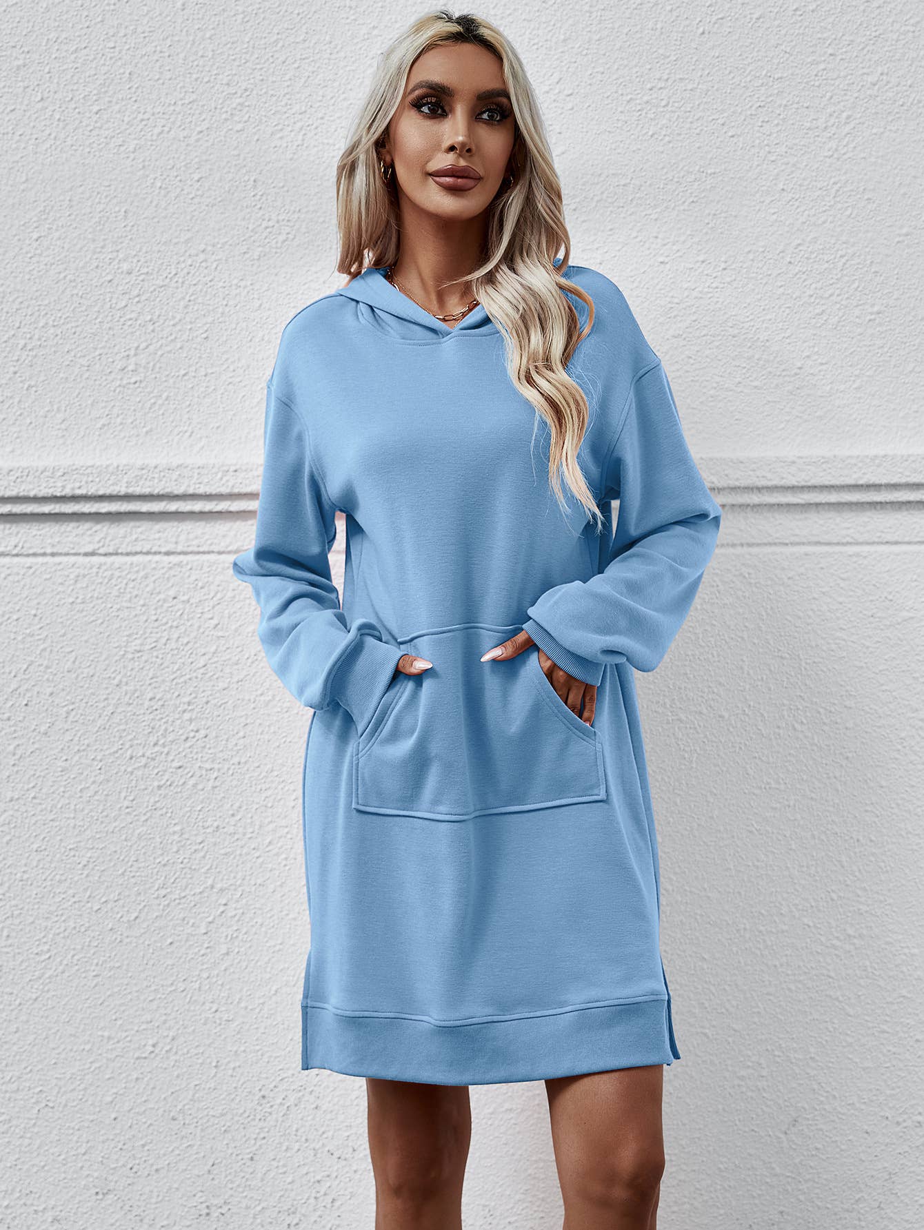 Hooded long-sleeved kangaroo pocket split dress