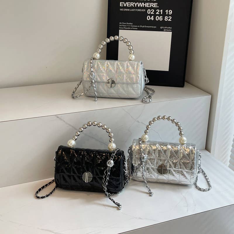 Laser pearl chain diamond single-shoulder bag