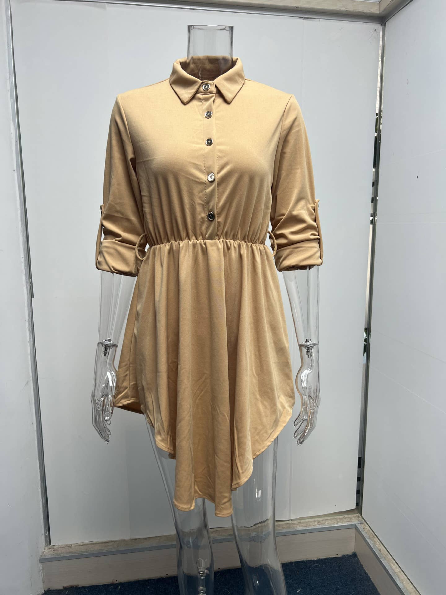 Rolled-up sleeves cinched waist shirt dress