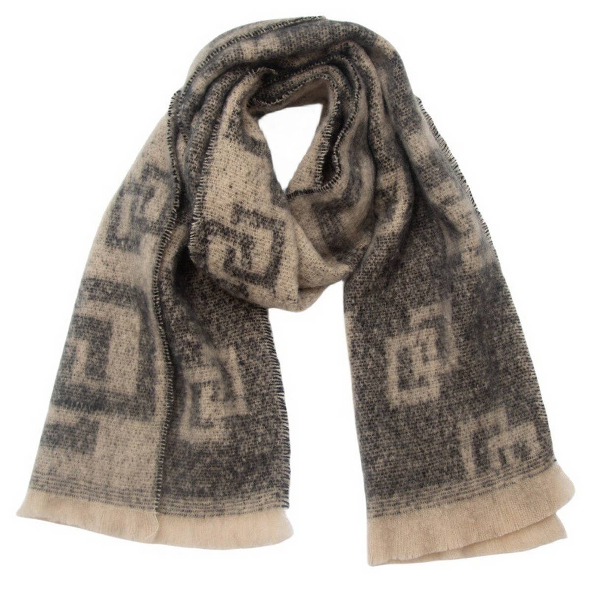 Greek Key Jacquard Scarf ? Fringe Winter Wrap