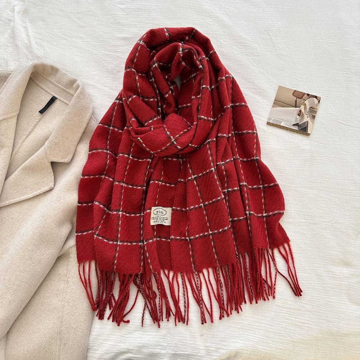 CWASC03132_PLAID CASHMERE FEEL SCARF WINTER WARM TASSEL SHAW
