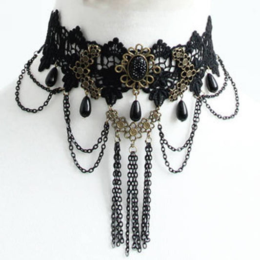 HALLOWEEN RETRO TASSEL CRYSTAL LACE SHORT NECKLACE