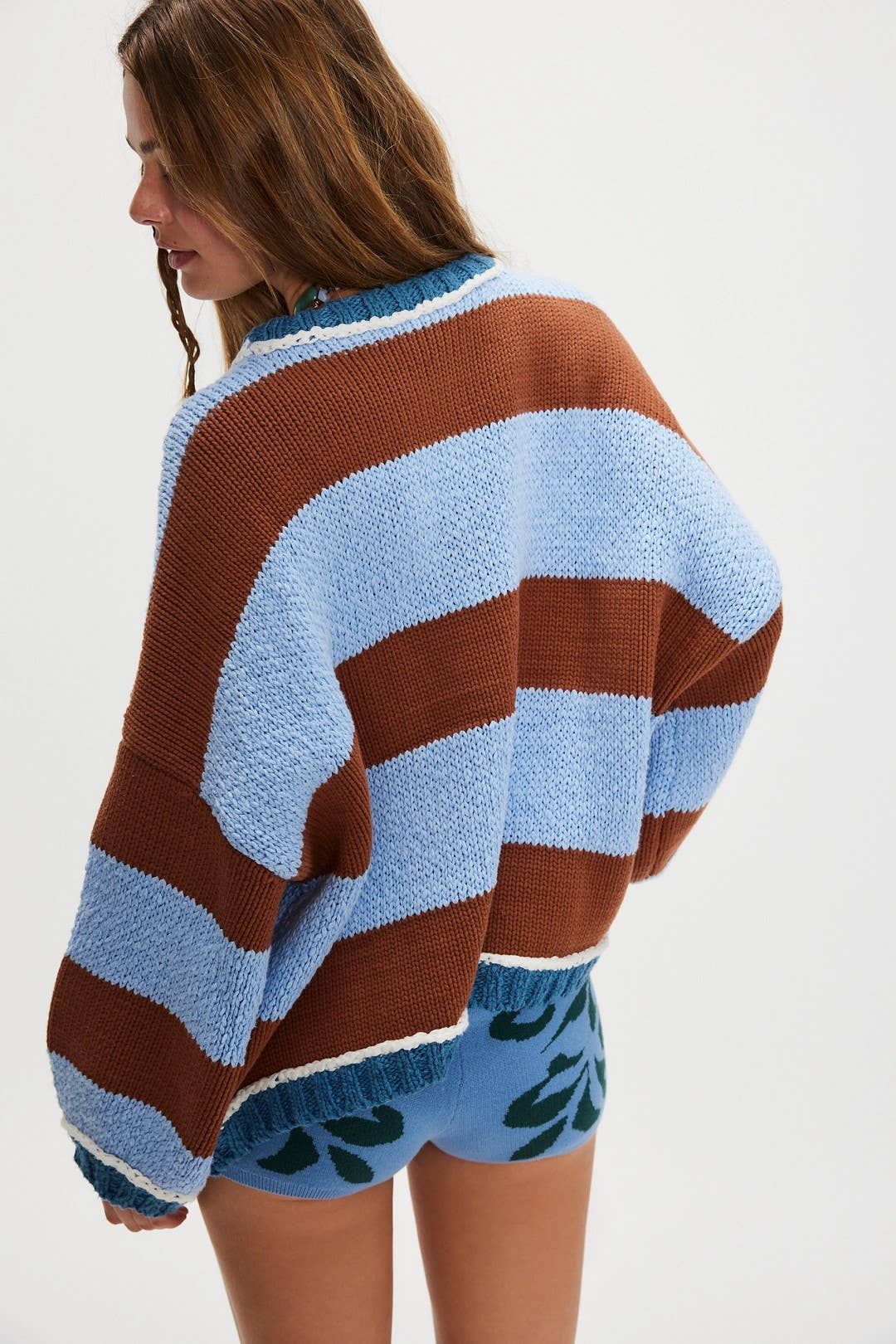 Knitted loose color-blocking striped sweater