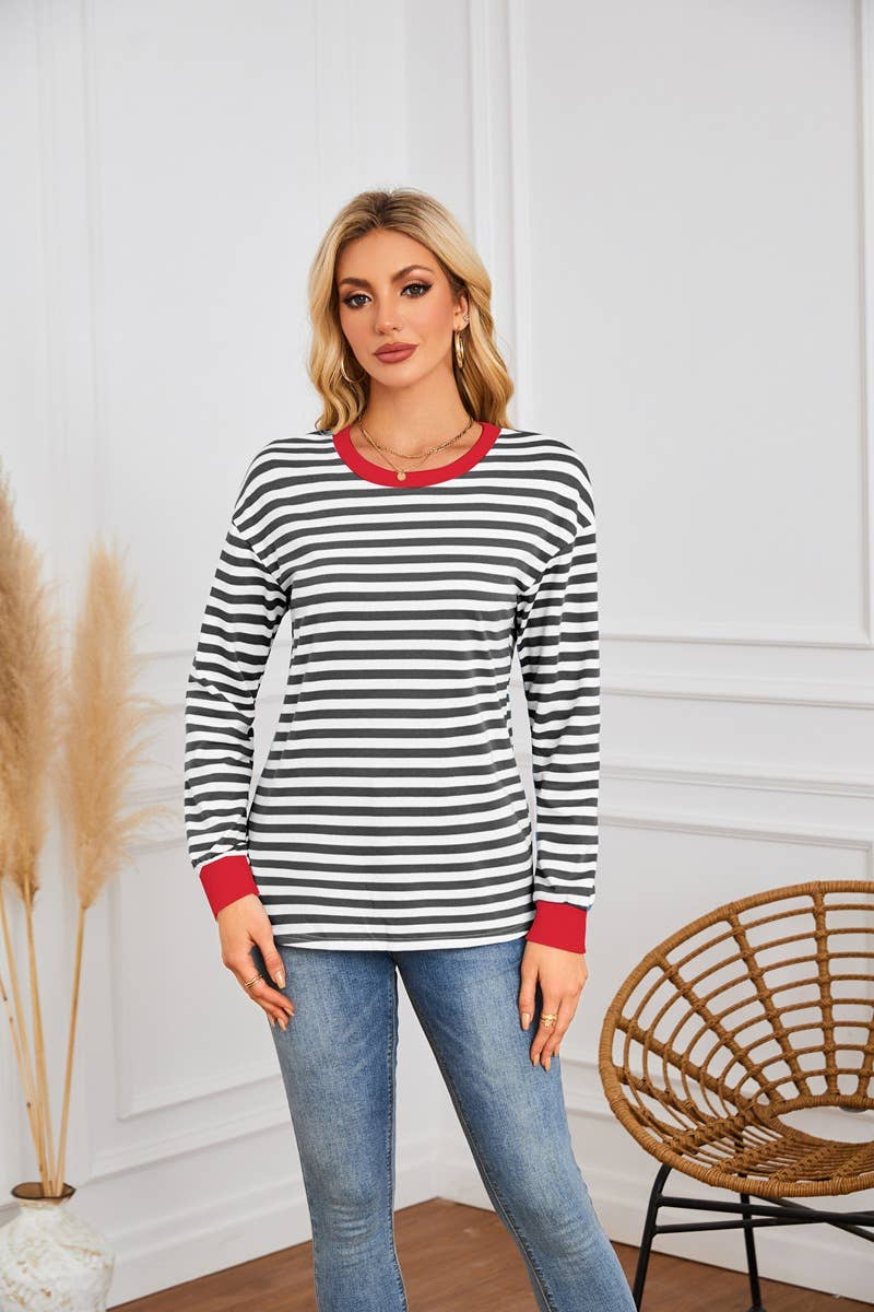 STRIPED CREW-NECK LONG-SLEEVED PULLOVER HOODIE