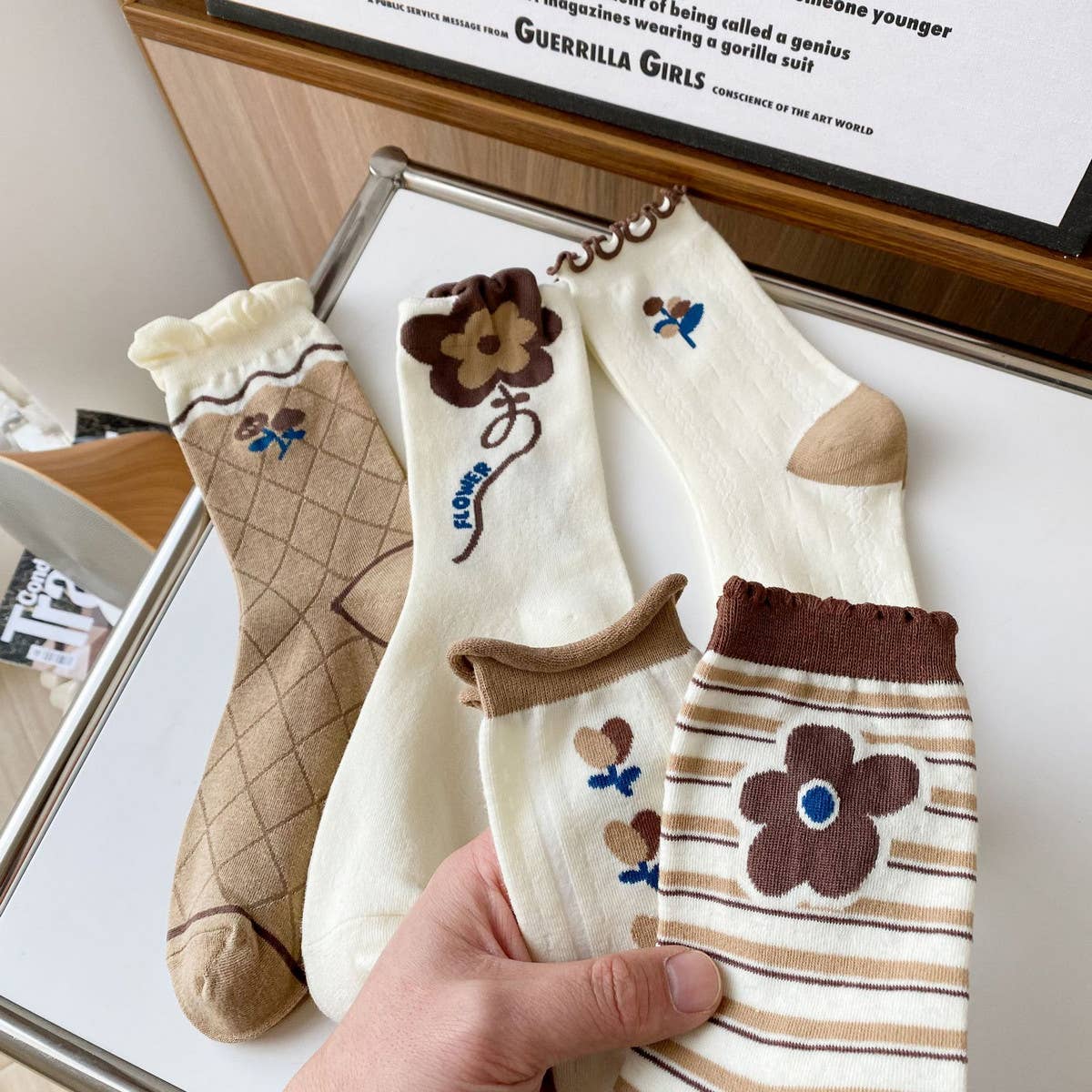 White coffee color Floral Print Crew Socks