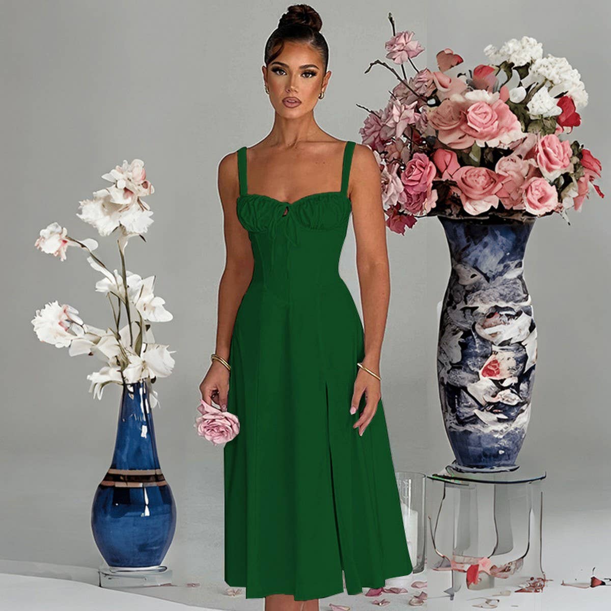 Fashion casual lace-up slim split halter dress