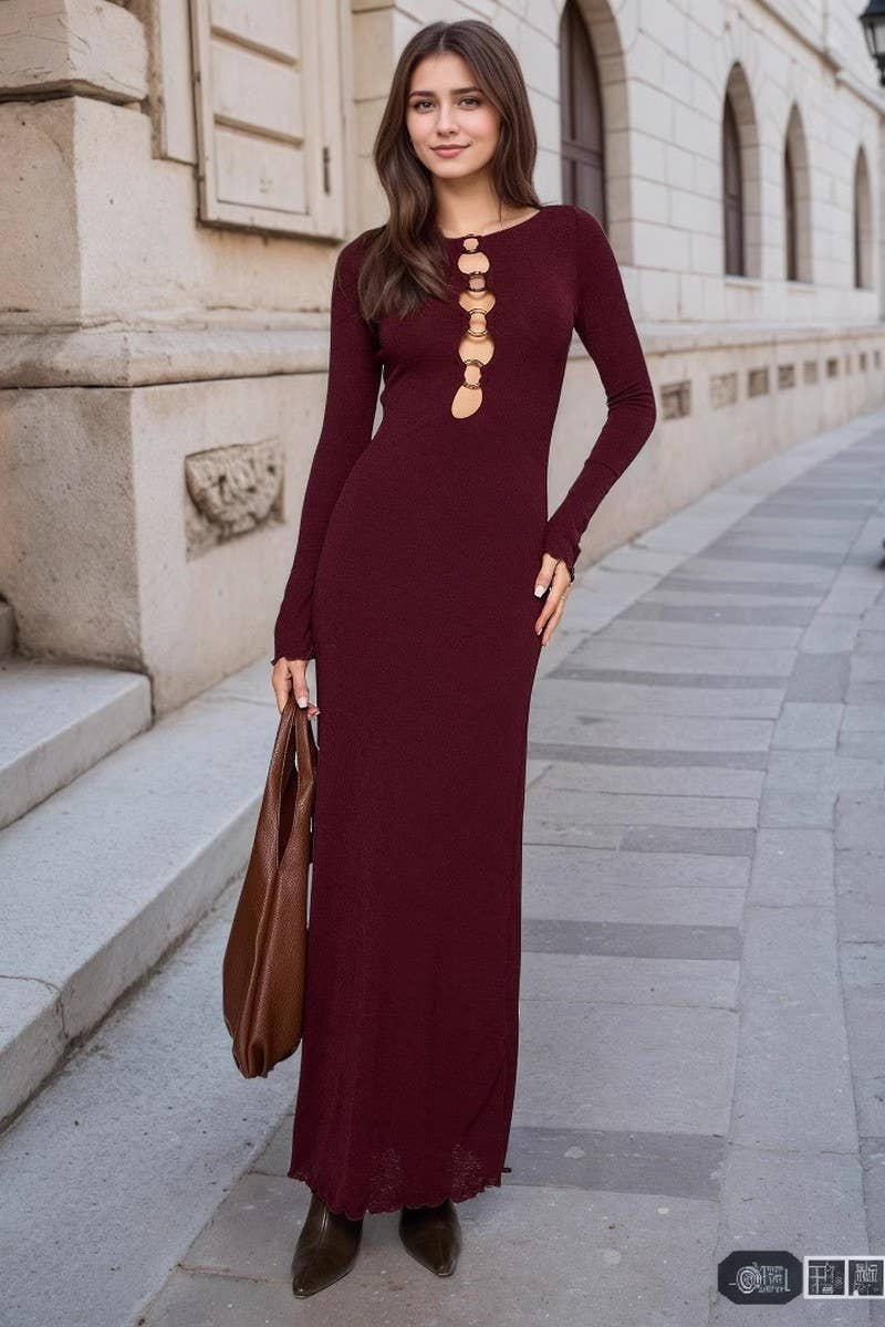 CWDMD6373_CUTOUT NECKLINE SLIM FIT LONG SLEEVE DRESS