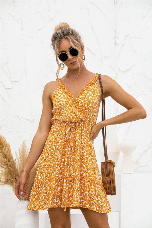 SEXY V NECK HALTER RUFFLED FLORAL DRESS_CWDSD2630